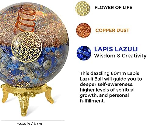 Orgonite Crystal Lapis Lazuli Ball with Holder – Third Eye Chakra Crystal with Flower of Life Enhances Decision Making and Promotes Friendship, Honesty, Compassion and Integrity