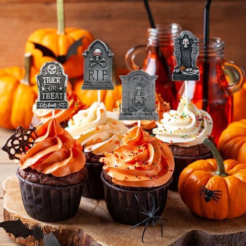 48 Halloween Cupcake Tombstones, Wooden Pile Veneer Cake Decorations Large and Strange Cemetery Designs, Ghost Skeletons, Halloween Party Props for Outdoor Decoration in Haunted Houses
