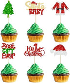 Gyufise 24Pcs Santa Baby Cupcake Toppers - Glitter My First Christmas Baby Shower Picks - Merry Christmas Cake Decorations for Gender Reveal Kids Birthday Party Supplies