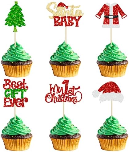Gyufise 24Pcs Santa Baby Cupcake Toppers - Glitter My First Christmas Baby Shower Picks - Merry Christmas Cake Decorations for Gender Reveal Kids Birthday Party Supplies