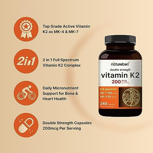 NatureBell Vitamin K2-240 Capsules - 200mcg Double Strength MK-7 & MK-4 Complex - Heart, Bone & Immune Health Support* - Complete K Vitamins Formula