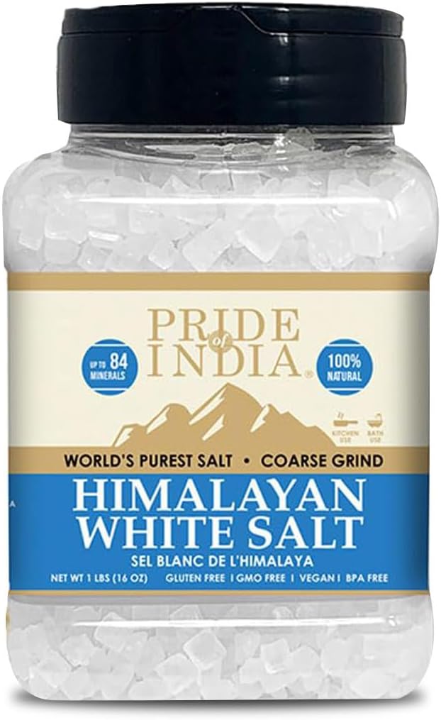 Pride of India- Himalayan White Salt Coarse Grind 1 lbs (453.59 gm)- Rarest & Enriched W/84+ Natural Minerals- Low Sodium- Mineral Rich Nutrition and Enhanced Taste- Healthier Table Salt Substitute