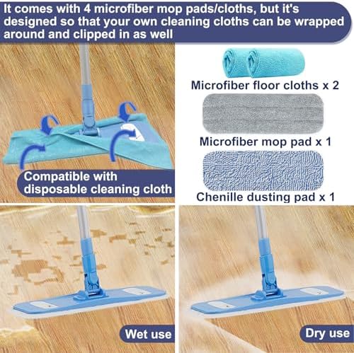 Microfiber Mops for Floor Cleaning, Multi Surface Floor Cleaner with 2 Microfiber Dry Wet Mop Pads + 2 Dusting Clothes for Sweeping and Mopping