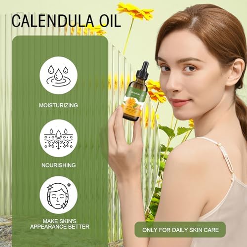 Calendula Oil - 100% Natural Calendula Oil for Anti-Aging, Moisturizing, Wrinkle Reduction, & Skin Firming - for Hair, Skin, Face, Scalp & Body Massage (1 Fl Oz)