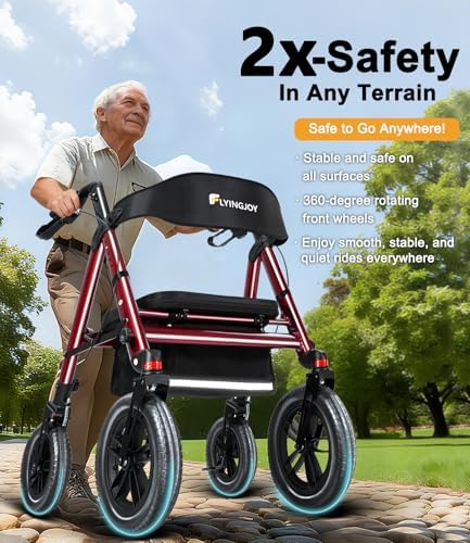 Rollator Walker with Seat,12" Front Wheels 10" Rear Rolling Walker, Extra-Wide Heavy-Duty Rollator Walker with Seat and Brakes for Seniors and Adults Bariatric with Large Aluminum (Red)