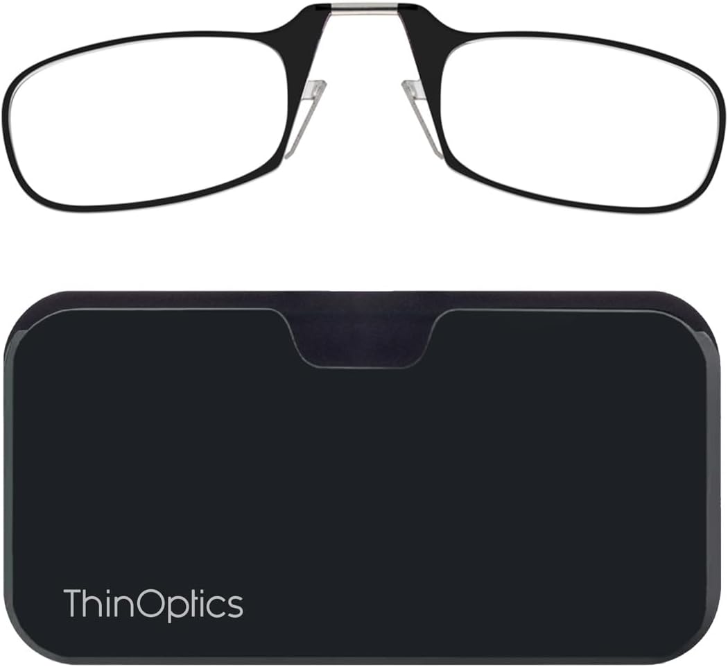 ThinOptics unisex-adult Reading Glasses + Black Universal Pod Case | Black Frames, 2.00 Strength Readers Black Frames / Black Case, 44 mm