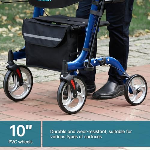 ELENKER Upright Walker, Stand Up Folding Rollator Walker Back Erect Rolling Mobility Walking Aid with Seat, Padded Armrests for Seniors and Adults, Blue