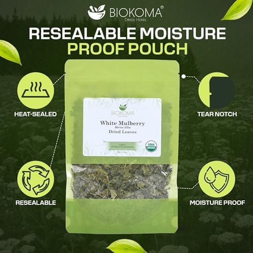 Biokoma Organic White Mulberry Leaf Tea Loose Dried Leaves 1.76oz - Morus Alba Herbal Tea - USDA Organic - Resealable Moisture Proof Pouch - No Additives - No Preservatives - Non GMO - Kosher