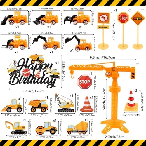21PCS Construction Cake Toppers Truck Cake Decoration Set Excavator Tractor Tower Crane Cupcake Topper Traffic and Road Sign for Construction Happy Birthday Party Supplies