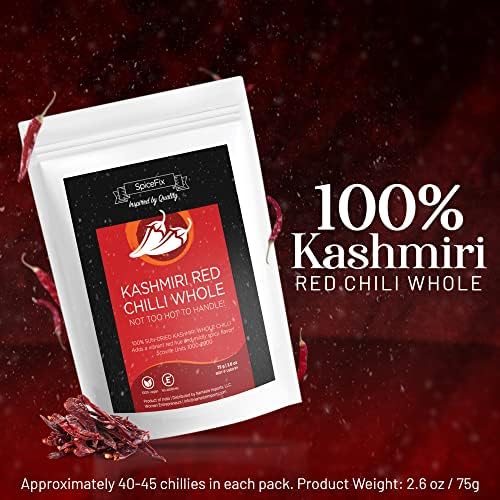 SpiceFix - Whole Kashmiri Red Chilli Pepper, Mild to Medium Heat Natural Stemless Chillies, Sun-Dried Red Pepper, Indian Dried Chili Peppers in a Resealable Bag, 2.6 Ounces