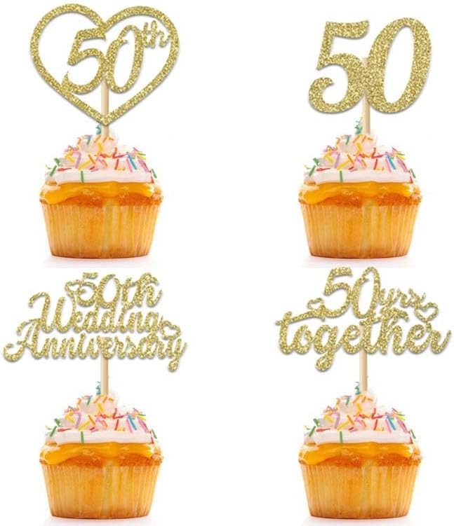 24Pcs 50th Wedding Anniversary Cupcake Toppers Gold Glitter 50th Golden Heart Cupcake Picks for Celebration 50 Golden Wedding Anniversary Party Supplies