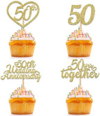 24Pcs 50th Wedding Anniversary Cupcake Toppers Gold Glitter 50th Golden Heart Cupcake Picks for Celebration 50 Golden Wedding Anniversary Party Supplies