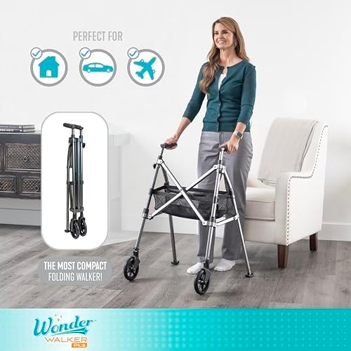 Stander Wonder Walker Plus, Lightweight Folding Mobility Aid for Adults, Seniors, and Elderly, Collapsible Travel EZ Fold-N-Go with Wheels, Glides, & Basket, Matte Black