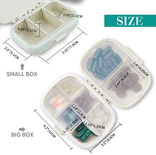 2 Pack Pill Organizer Box - Small Pill Dispenser Home Travel Essentials Supplement Holder Portable Vitamin Case 8 Compartment & 3 Compartment Container Daily Medicine