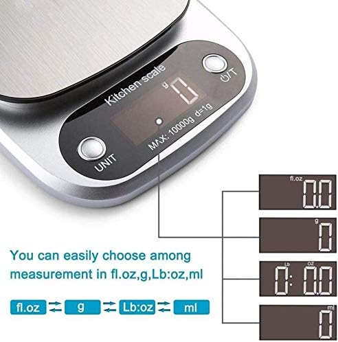 GeRRiT Kitchen Scales Digital,10kg/1g Electronic Baking & Cooking Scale with LCD Display Silver,Stainless Steel Scale, Tare Function, 4 Unit(G/ML/OZ/LB.OZ)