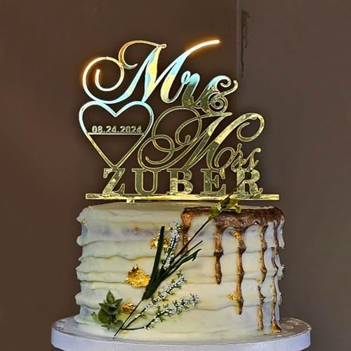 Personalized Mr & Mrs Cake Topper for Wedding,14 Colors Customized Wedding Date And Last Name To Bride and Groom,Rustic Wedding Anniversary Cake Topper