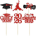 Gyufise 24Pcs 2026 Graduation Cupcake Toppers Glitter Class of 2026 Congrats Grad Cupcake Pick Decorations for 2026 Graduation Theme Birthday Party Supplies Black Red