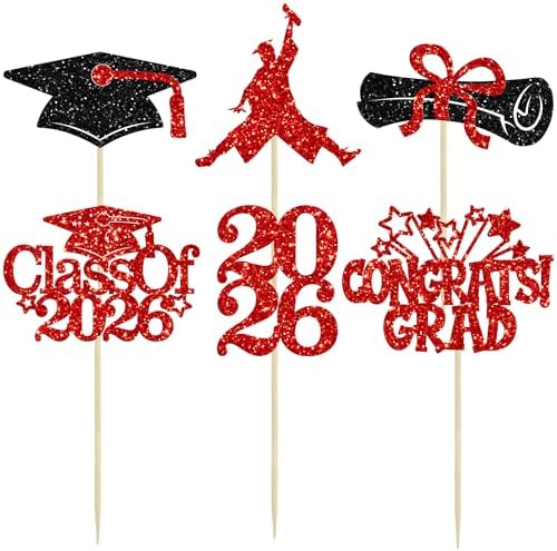 Gyufise 24Pcs 2026 Graduation Cupcake Toppers Glitter Class of 2026 Congrats Grad Cupcake Pick Decorations for 2026 Graduation Theme Birthday Party Supplies Black Red