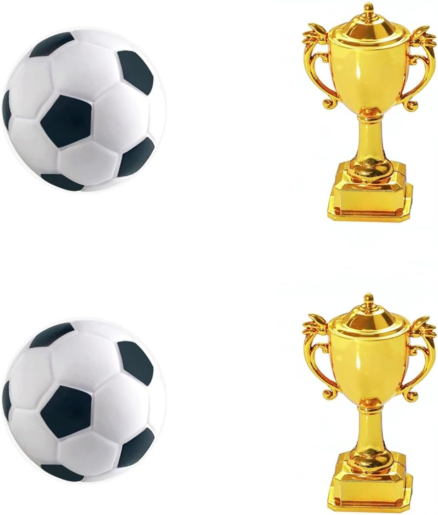 4 Pieces Soccer Theme Cake Decorations Soccer Birthday Party Cake Toppers, 2Pcs Plastic Soccer Ball and 2Pcs Plastic Championship Trophy, Football Party Cake Decor