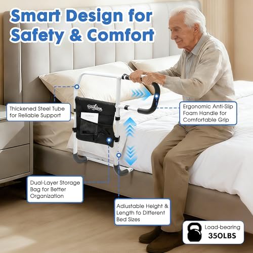 Bed Rails for Elderly Adults, Adjustable Bed Assist Rails for Seniors with Non-Slip Handle & Storage Pocket, Bed Assist Bar Supports up to 350 Lbs, Fits Twin/Full/Queen/King Beds