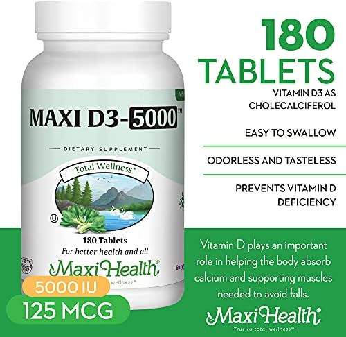 Vitamin D3 5000 IU (125 mcg) - High Dose Vitamin D 5000 IU for Healthy Bones, Teeth, Immune Support - Kosher Non GMO - High Potency Vit D3 - Pure Vitamin D Supplements for Women and Men - 180 Tablets