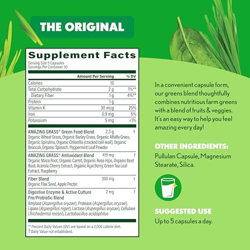 Amazing Grass Greens Blend Superfood Capsules: Super Greens with Organic Spirulina, Chlorella, Beet Root Powder, Digestive Enzymes & Probiotics, 150 Capsules (Packaging May Vary)