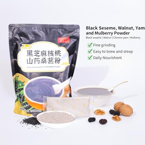 SODGHYTR-Black Sesame Walnut Yam Mulberry Paste-Chinese Cuisine, Breakfast Quick brewing (500 g) /17.64oz/containing 10 Small Bags/黑芝麻糊