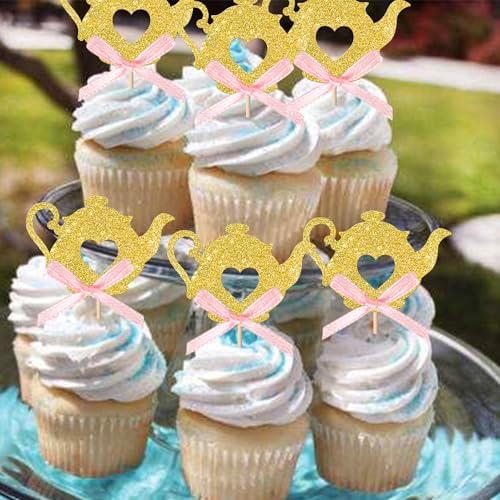 24 Pack Teapot Cupcake Toppers Glitter Tea Cupcake Picks Teapot Baby Shower Wedding Birthday Party Cake Decorations Supplies
