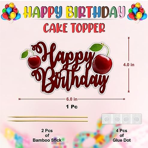 "Cherry Happy Birthday Cake Topper – Cute Fruit-Themed Birthday Party Decoration for Adults – Red Cherry Cake Topper for Dessert Tables, Smash Cakes, High Chairs, and Themed Birthday Celebrations"