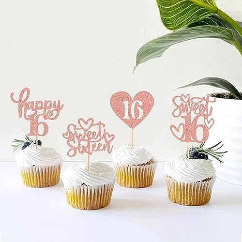 48 Pack Happy Sweet 16 Cupcake Toppers Sweet Sixteen 16 Happy 16 Cupcake Picks for 16th Birthday Wedding Anniversary Party Cake Decorations Supplies Rose Gold