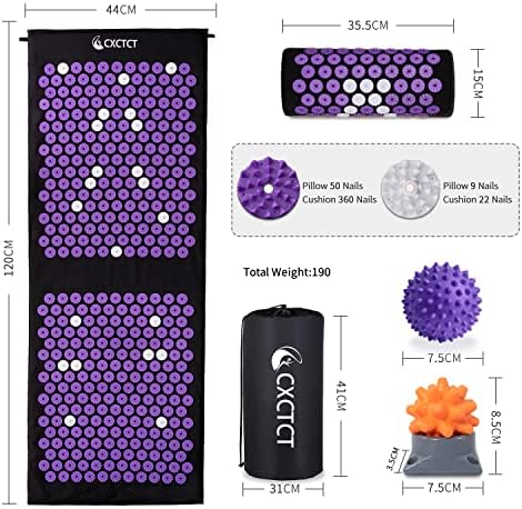 Purple Yoga Massage Mat Set,Acupuncture Magnetic Mat and Pillow - Extra Long & Large Back & Neck Pain Relief