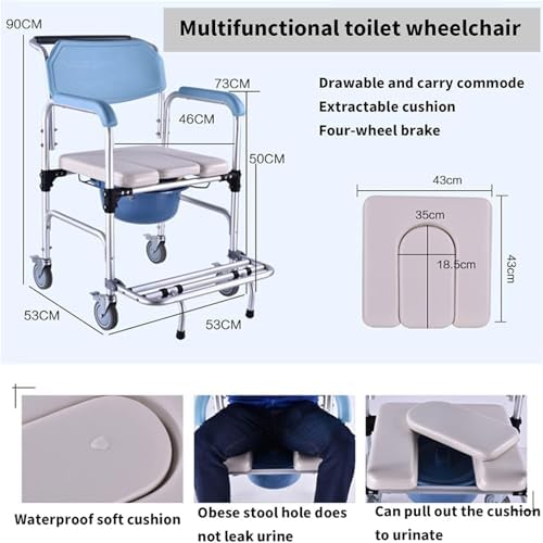 Shower Portable Wheelchair, Mobile Toilet Chair with Wheels, Aluminum Alloy Bath Chair, Reinforced Toilet, Bathroom Non-Slip Bedside Chair