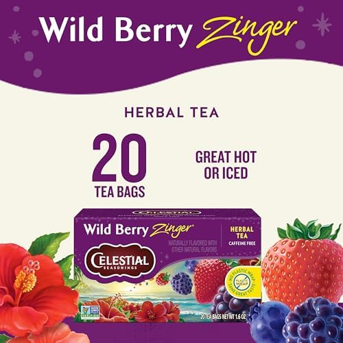 Celestial Seasonings Wild Berry Zinger Herbal Tea, Caffeine Free, 20 Tea Bags Box