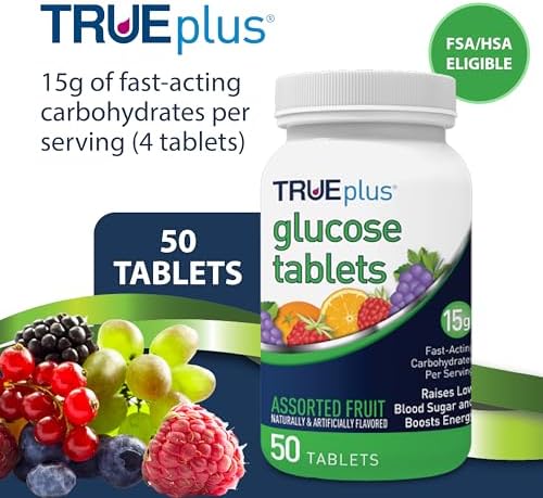 TRUEplus Glucose Tablets, Chewable, Grape, Raspberry, Orange Flavors, 15g Fast-Acting Carbohydrates, Fat Free, Gluten Free, Boost Energy, 50 Count