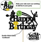 Tennis Cake Toppers - Black Glitter Tennis Player Cake Decorations for Boys & Men - Happy Birthday Party Supplies