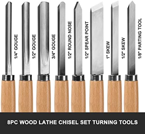 HAUTMEC Professional Wood Turning Chisel 8 pcs Set, Lathe Chisel Set with 2 Skew 1 Spear Point 1 Parting 1 Round Nose & 3 Gouge Tools for Beginners, Hobbyists and Professionals HT0237-WW