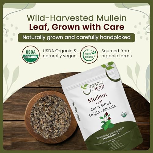 Organic Way Mullein Leaf | Herbal Tea (Verbascum Thapsus) Cut & Sifted - European Wild-Harvest | Organic & Kosher Certified | Non GMO & USDA Certified | Origin - Albania (2 Oz.)