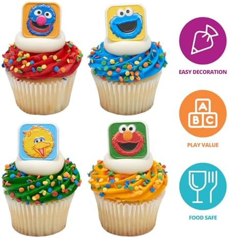 Sesame Street Rings, 24 Cupcake Toppers Featuring Elmo, Big Bird, Cookie Monster, Grover, Bright Colorful Cupcake Decorations, Food Safe - 24 Pack