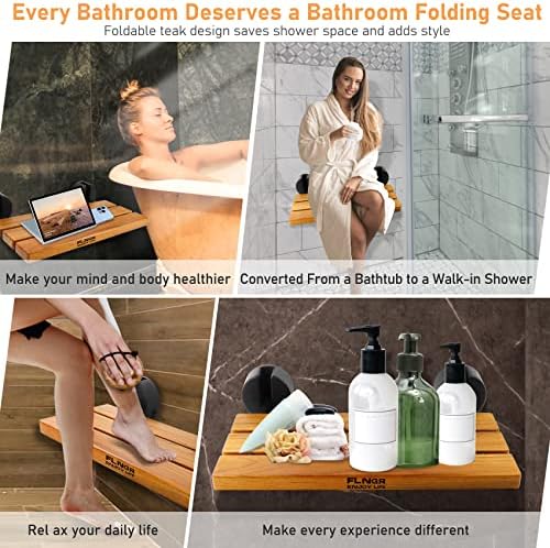 20 inchs Teak Folding Shower Seat Wall Mounted,Fold Down Shower Bench for Small Shower Space, Home Care Teak Wood Stool for Inside Shower,Pregnants-Maximum Load 440lb,for Elderly, Adults