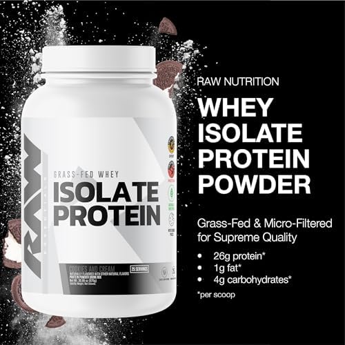 RAW Whey Isolate Protein Powder, Cookies N Cream - 100% Grass-Fed Sports Nutrition Protein Powder for Muscle Growth & Recovery - Low-Fat, Low Carb, Naturally Flavored & Sweetened - 25 Servings
