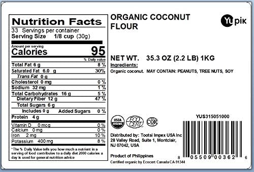 Yupik Organic Coconut Flour 2.2 lb (35.2 oz), USDA Certified, Gluten-Free, GMO-Free, Raw, Vegan, Low-Calorie, Finely Milled, Wheat Alternative & Grain Meal, Ideal for Baking & Cooking