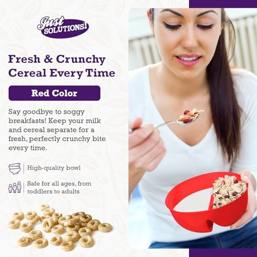 Just Solutions Crunch Anti-Soggy Cereal Bowl - Keeps Cereal Fresh & Crunchy | BPA Free | Microwave Safe | Ice Cream & Topping, Yogurt & Berries, Fries & Ketchup and More - Red