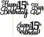 Gyufise 1Pc Black Happy 15th Birthday Cake Topper Glitter 15th Birthday Cake Pick Cheers to 15 Years Old Fifteen Fabulous Cake Decorations for 15th Birthday Theme Party Supplies