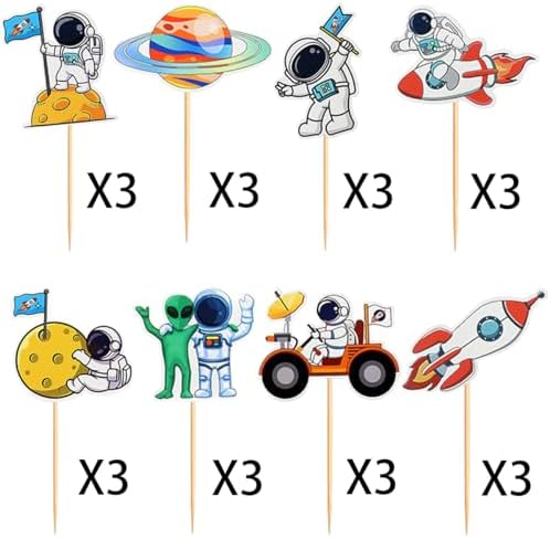 Space Cupcake Toppers,24 PCS Astronaut Cupcake Toppers,Space Birthday Decorations,Space Themed Party Decorations