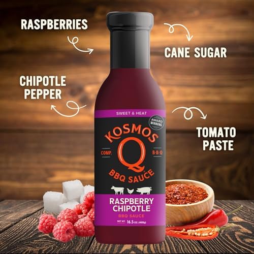 Kosmos Q Raspberry Chipotle BBQ Sauce, Sweet & Spicy BBQ Sauce with Real Raspberries & Chipotle Peppers, Bold Barbecue Sauce for Pork, Chicken, Brisket & More, Natural Ingredients, 16.5 Oz Bottle