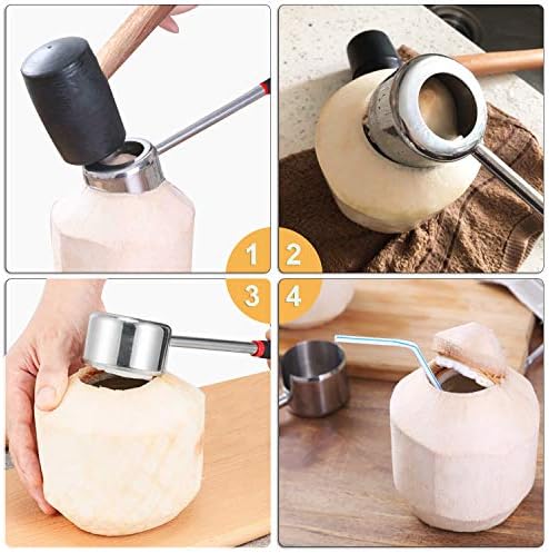 Coconut Opener Tools with Hammer, Super Safe & Easy to Open Young Coconuts Tool, Food Grade Stainless Steel Coconut Opener Set, Rubber Mallet with Handle