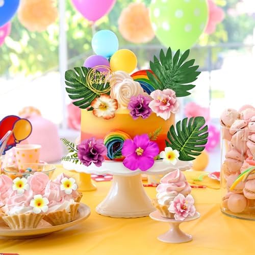 18pcs Hawaiian Flowers Cake Decorations Tropical Themed Cake Toppers Summer Flower Cupcake Topper with Palm Leaves Hibiscus Luau Cupcake Topper Aloha Beach Decor for Birthday Party Supplies