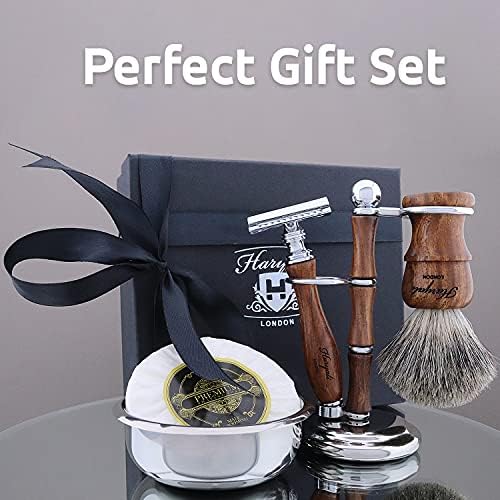 Haryali London Shaving Kit – 5 Pc Wooden Shaving Kit – Double Edge Safety Razor - Super Badger Shaving Brush – Shaving Soap – Shaving Bowl – Shaving Stand - Shaving Set as Gift