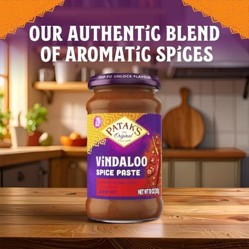 Patak's Vindaloo Spice Paste, Hot Indian Curry with 11 Expertly Blended Spices, Gluten-Free & Vegan, Flavorful Base for Chicken, Seafood, Vegetables & More, 10 oz Jar