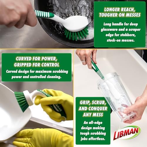 Libman Green & White Cleaning Brush Kit, 3-Piece Set, All-Purpose Brushes for Kitchen, Basins, Sinks, Dishwashers